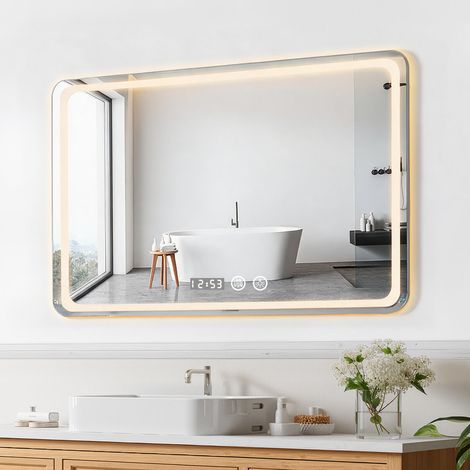 Miroir de salle de bain avec éclairage LED - 100×80cm, antibuée, fonction mémoire - éclairage LED avant et arrière - Miroir avec affichage de l'heure - verre trempé de 5 mm (1/5)