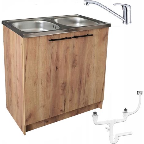 Meuble de cuisine 80 cm - Chêne doré - Évier double - Robinet chromé - Pratique et élégant