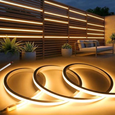 Ruban LED Exterieur Etanche 24V, 2M Néon Bande LED Silicone Bandeau Outdoor Imperméable IP65 Blanc Chaud 3000K Flexible Rubans à Led Découpable pour Maison Cuisine Chambre, Sans Transformateur (1/5)