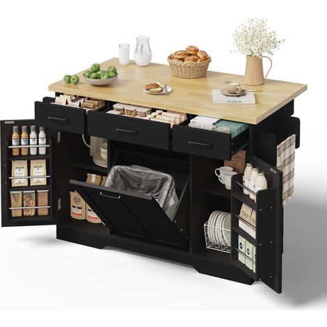 Îlot de Cuisine Mobile avec Plan de Travail Pliable, Desserte à Roulettes, Meuble de Rangement, Armoire Poubelle, 120x45(70)x87 cm (1/5)