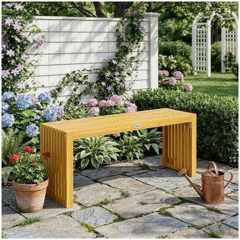 Gartenbank aus Akazienholz ohne Rückenlehne, 2-Sitzer, Latten in Holzoptik, 110 x 30 x 45 cm, Naturholz (1/5)
