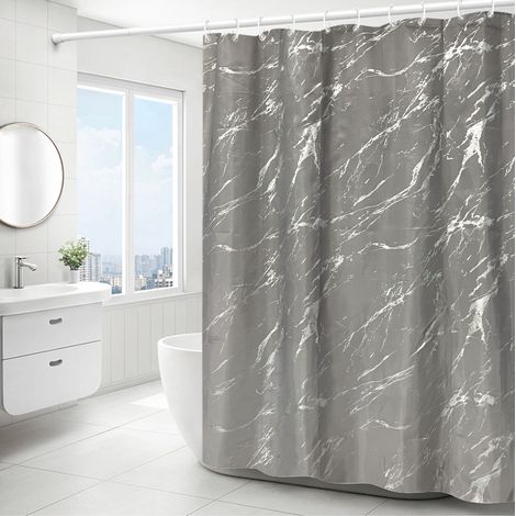 (Gris) Simple Silver Marbled Shower Curtain  180x180cm,, Rideau de douche en polyester lavable en machine avec ourlet inférieur lesté et 12 crochets, Bathroom Tub Curtains