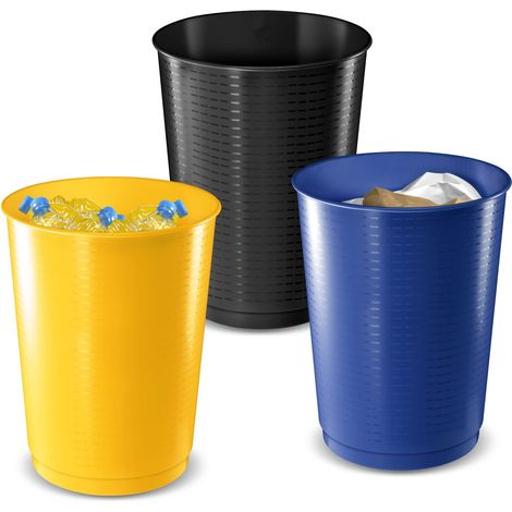 Kit de tri sélectif 3 poubelles grand format 40L Corbeilles à papier, déchets plastiques Maxi capacité Bureau Collectivités Salle de classe Ecole Lot noir, jaune, bleu (1/5)