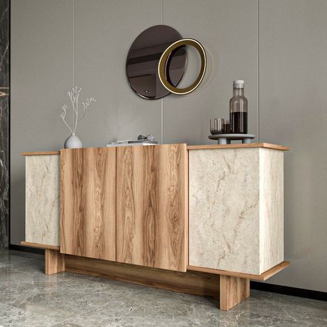 Credenza Coste, Madia 3 Ripiani, 4 Ante, 6 Vani, 180x40x81h cm Marrone Rovere (1/5)