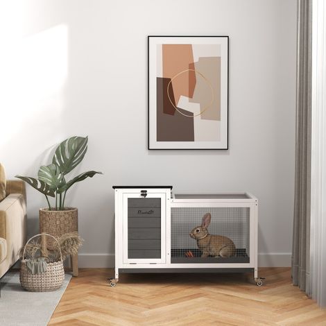 Conigliera 92x52x67 cm, con doppio tetto apribile, ruote, tetto inclinato, legno, grigio scuro (1/5)