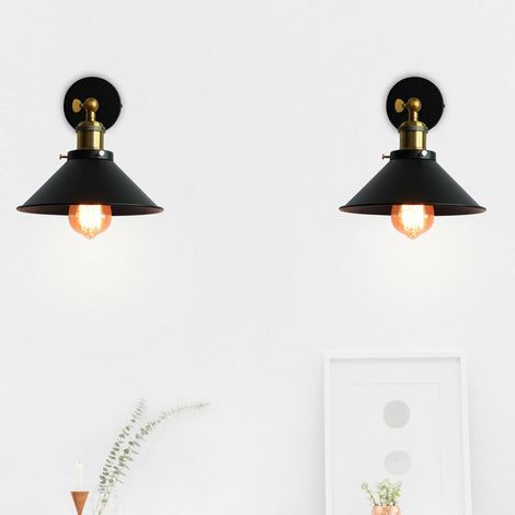 2 Pack Rétro Applique Murale Industrielle E27 26cm Plafonnier Luminaire Fer Abat-jour en Métal Noir (1/5)