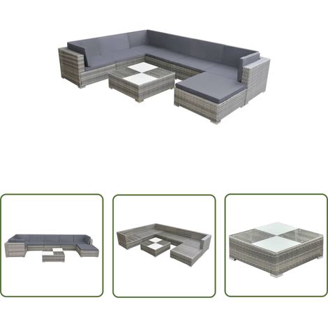 Salon de jardin meuble d'extérieur ensemble de mobilier 8 pièces avec coussins résine tressée gris (1/5)