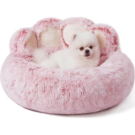 Lit Rond pour Chien Chat de Forme de la Patte, Panier pour Chien en Forme de Beignet, Grand Format Le diamètre est de 66 cm, Confortable et Doux, Lavable en Machine, Rose (1/5)