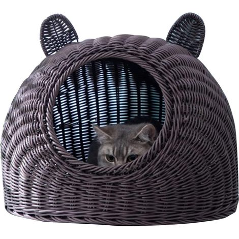Couchage Panier Pour Chats,Lit pour chat Oreille de chat mignonne ,imité rotin tissé à la main,respirant toutes saisons ,lavable maison de chat,semi-fermée pour intérieur 38x38cm / 15.0x15.0in café (1/5)