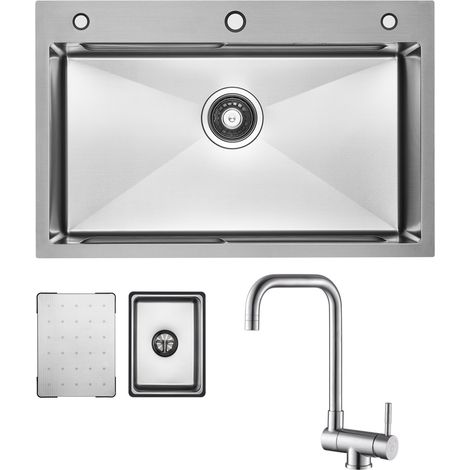 Küchenspüle aus Edelstahl 70x45cm Gebürstete Mit Abtropffläche + Fenster-Küchenarmatur Gebürstete Küche Wasserhahn Hohe 355MM (1/5)
