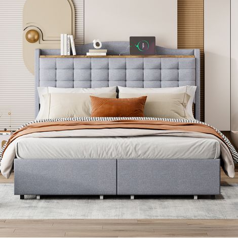 MEUBLIV Lit adult 140x200 avec 4 tiroirs de rangement, lit double rembourré avec 2 port USB et étagère de tête, lin gris (1/5)