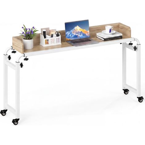 COSTWAY Table de lit Roulant, Bureau Mobile au-Dessus du Lit Hauteur(73,5 à 102 cm) et Longueur(135,5 à 206 cm) Réglable, Table d'appoint pour Ordinateur, pour Chambre, Canapé, Hôpital (Naturel) (1/5)