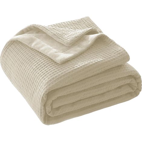 Couverture en coton - 220 x 240 cm - Couverture en coton gaufré et velours laiteux - Douce et moelleuse - Anti-statique - Pour canapé, lit - Beige (1/5)