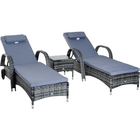 Outsunny 2 Seater Rattan Sun Lounger Set with Side Table-Grey