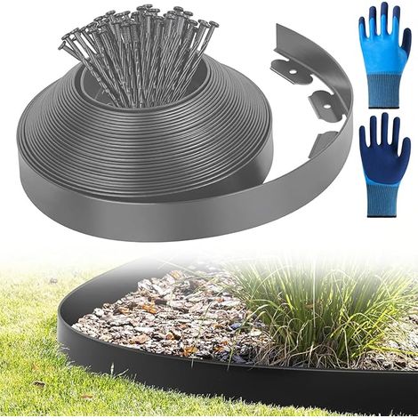 Bordure de pelouse flexible plastique, 50 piquets d'ancrage, bordure de parterre - Longueur : 10 m - Hauteur : 5 cm - 10 m x 5 cm - Gris (1/5)