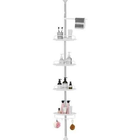 Estante de ducha de esquina, regulable en altura, sin taladros, de acero inoxidable, con 4 cestas y 1 toallero para bañera y baño, 95-305 cm, blanco (1/5)