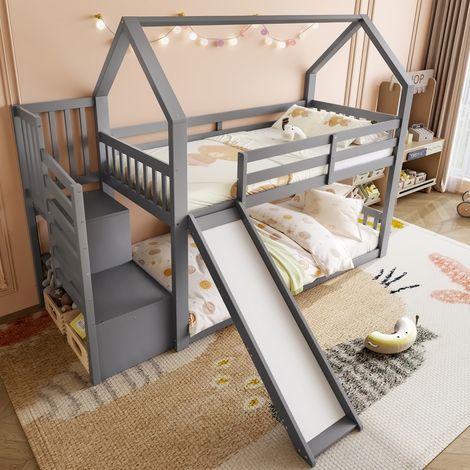 Lit superposé 90x200 avec toboggan et escalier rangement. Barrière sécurité. Lit maison. Enfant/Ado. gris (sans matelas) (1/5)