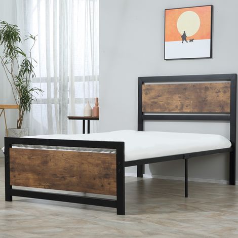 Estructura de cama individual de madera y acero de 97 x 208 x 103 cm, somier de láminas integrado, cabecero y piecero de estilo industrial, color negro y marrón rústico.