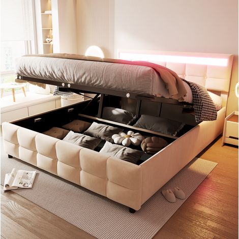 letto contenitore 180x200 con LED velluto beige OKMYHOME (1/5)