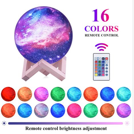 Veilleuse Lune 16 Couleurs, Lampe Galaxie, Lampe Lune imprimée en 3D avec support/télécommande/tactile/chargement USB/minuterie, Veilleuse Lune, 8 cm (8 cm) (1/3)