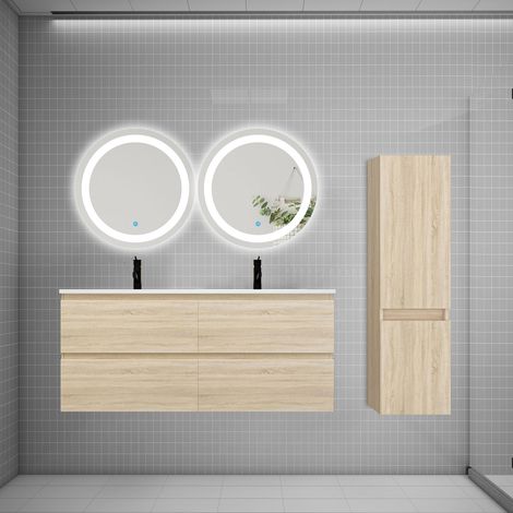 Ensemble meuble double vasque L.120cm 4 tiroirs + lavabo + 2LED miroirs rond 60cm + colonne C,chêne,easy (1/5)