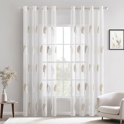 Rideaux Voilage avec Beau Motif de Feuilles Beige et Blanc 140x245cm (1/5)