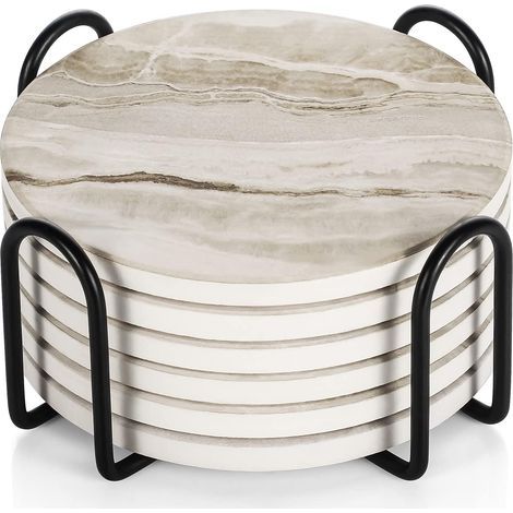Posavasos, Juego de 6 posavasos con soporte, absorbentes de cerámica antideslizantes para el hogar, cafeterías y bares - Posavasos con diseño de mármol (1/5)