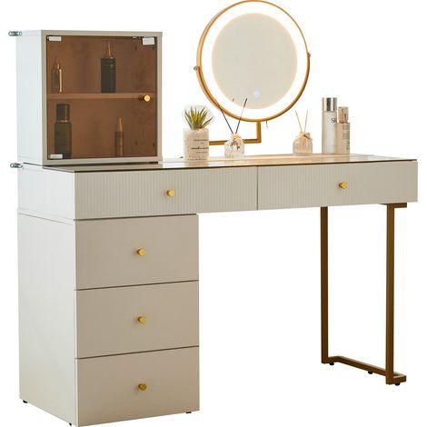 Tocador CHICFURN 120x45x115 cm blanco con espejo LED y tablero de vidrio templado (1/5)