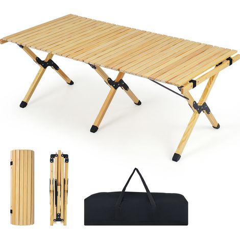 Table de Camping Pliante en Bois, Table de Pique-nique Portable 4-6 Personnes, Plateau à Lattes Enroulable, Sac de Transport, 122 x 60 x 45 cm,Naturel