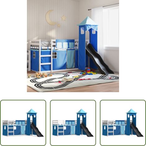 Hochbett für Kinder - Etagenbett mit Rutsche und Gardinen Blau 90x200 cm (1/5)