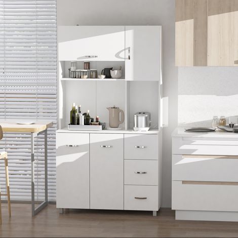 Aparador alto moderno con cajones y armarios, mueble para microondas con estantes abiertos, 100 x 39,5 x 183,5 cm, blanco.