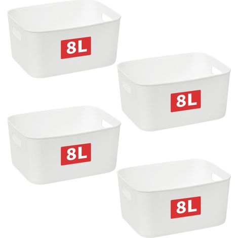 8L4 Panier de Rangement, Boîte de Rangement Ouverte en Plastique, Conteneurs pour Étagères, Organisateurs avec Poignées pour Bureau, Comptoirs, Armoires, PP, Blanc, 8L-Lot de 4 (28.52214cm) (1/5)