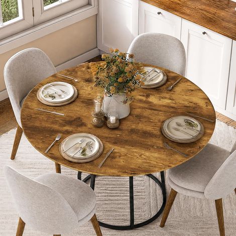 Table à manger ronde 120 cm pour 4 personnes - avec double plateau étagère stable, Cadre en métal et plateau en bois - Pour salle à manger et salon, Marron