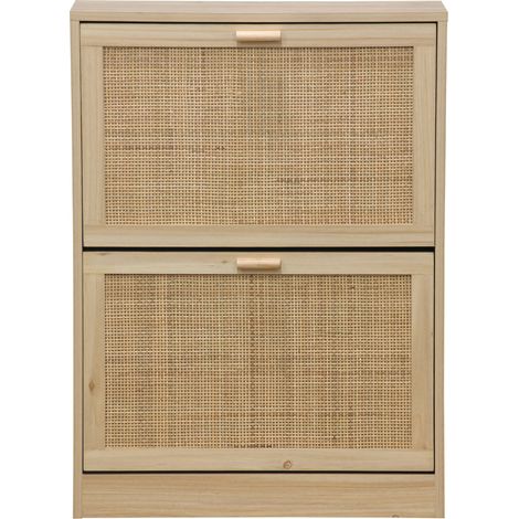 Pegane – Étagère à chaussures décor pin naturel – 2 portes – Longueur 60 cm x profondeur 24 cm x hauteur 82 cm – Capacité 12 paires (1/5)
