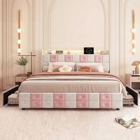Lit 160x200 cm avec éclairage LED et USB, Lit 2 Personnes Cadre de Lit avec 4 Tiroirs en Rangement, sommier à lattes,Velours,Blanc (1/5)