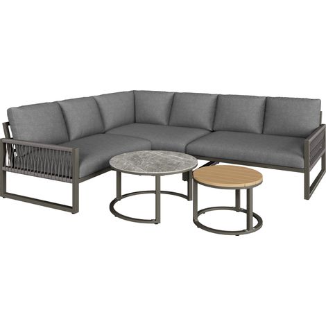 Eck-Gartenmöbel-Set für 6-7 Personen mit Tischen und grauen Kissen (1/5)