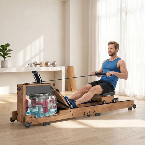 Rameur à eau pour usage domestique, en bois d'hévéa, pliable avec application Bluetooth, double rail en aluminium, écran LCD, jusqu'à 158 kg (1/5)