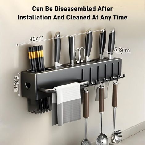 Kitchen wall shelf with 6 removable hooks, towel rack and knife holder – self-adhesive or drill-resistant mounting