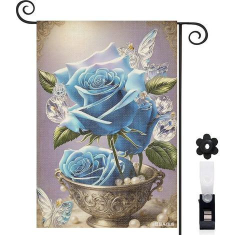 Drapeau vertical Welcome et style féerique avec les roses bleues 30 x 45 cm décoration saisonnière extérieure (1/5)