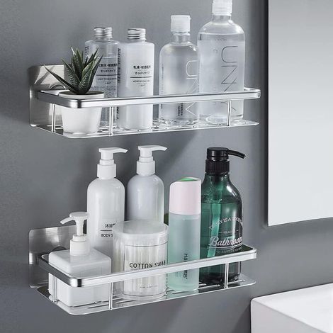 Lot de 2 étagères de douche chambre, étagère murale de salle de bain sans perçage, étagère de douche pour salle de bain, en aluminium, cuisine, argent (1/5)