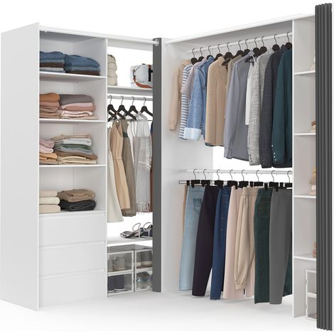 Idmarket – Dressing d'angle extensible 200 x 150 x 180 cm blanc – 3 barres de penderie – 10 étagères modulables – 3 tiroirs avec rideaux gris