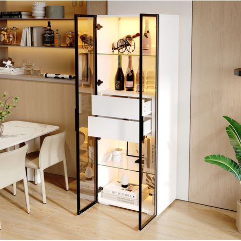 Vetrina 60x40x160 cm bianco e nero in MDF e vetro temperato con LED, 2 cassetti e ripiani regolabili (1/5)
