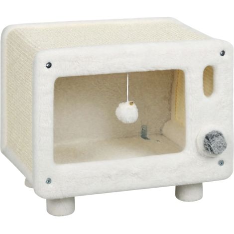 Maisonnette pour chat design télévision 50x33x42 cm en bois blanc avec hamac en sisal, griffoir, balle suspendue et pieds antidérapants (1/5)