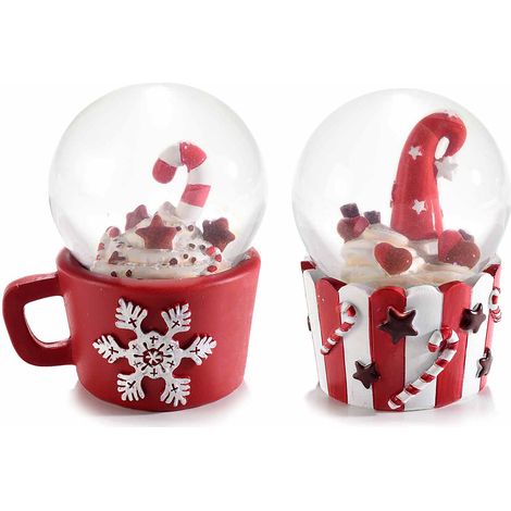Sfere a neve di Natale in tazzina con dolcetti natalizi su base in resina decorata, set da 4 pezzi, cm 7,5 x 6 x 9 H