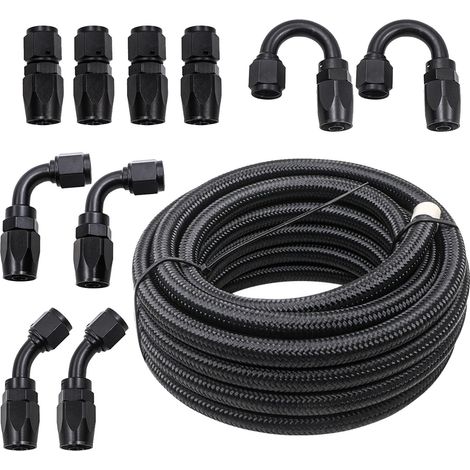 Kit Conduite de Carburant 6AN Double Couche Tressée 4,88 m – Durite Essence Nylon + Acier Inox, 12 Raccords Pivotants 0°/45°/90°/180°, Pour Modification Véhicule (1/5)