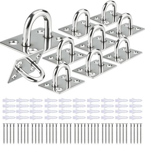 10 Pièces Pontet INOX M4, Crochet Plafond Acier Inoxydable 304, Plaque Œil Renforcée 1,7 mm Anneau Ø6 mm, Kit Fixation Murale 40 Vis 6 cm (1/5)