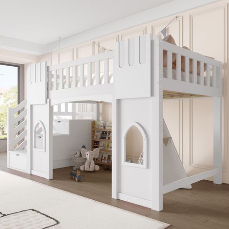 Lit mezzanine 90x200 cm – Lit superposé 1 Place avec escalier de rangement et fenêtre, Lit en Hauteur avec échelle et Balustrade (1/5)