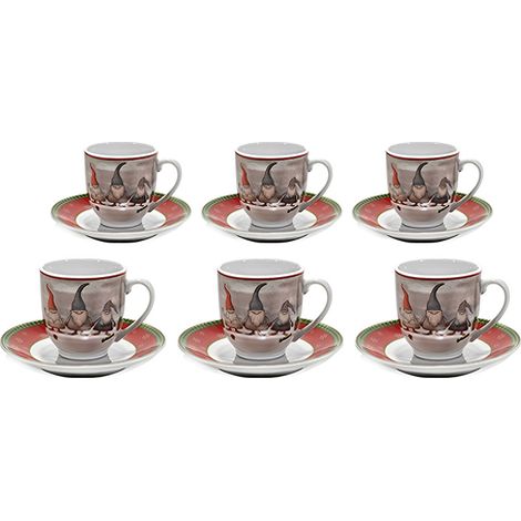 Servizio di Tazzine da Caffè con piattino completo per 6 Persone Natalizio Festa in Porcellana Gnomi Babbo Natale con cappello rosso In Scatola Regalo