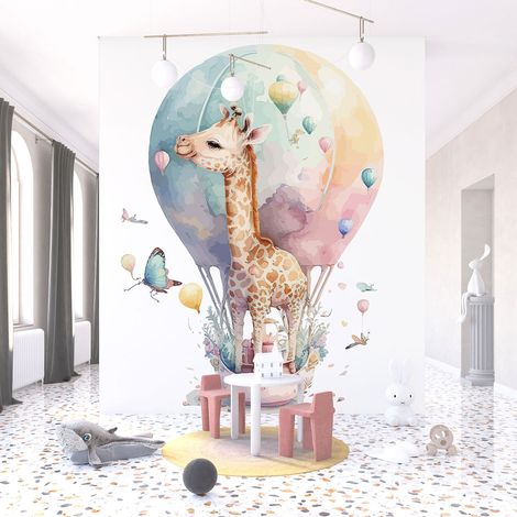 Papier peint panoramique Enfants - Girafe Montgolfière - 130 cm x 84 cm (1/3)