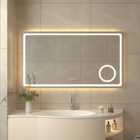 Miroir Salle de Bain 100 x 60cm Bluetooth, Anti-Buée, 3000K-6500K,Dimmable, Mémoire,Loupe 3X, Verre Trempé, IP44, Miroir Lumineux LED